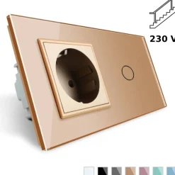 Gniazdo 230V 16A z włącznikiem krzyżowo-schodowym pojedynczym z ramką szklaną złotą (VL-C701SEU-63) LIVOLO