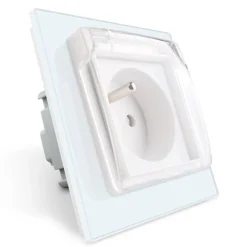 Gniazdo z bolcem 230V 16A z białym panelem szklanym i nakładką bryzgoszczelną (VL-W01FRNW-61) LIVOLO