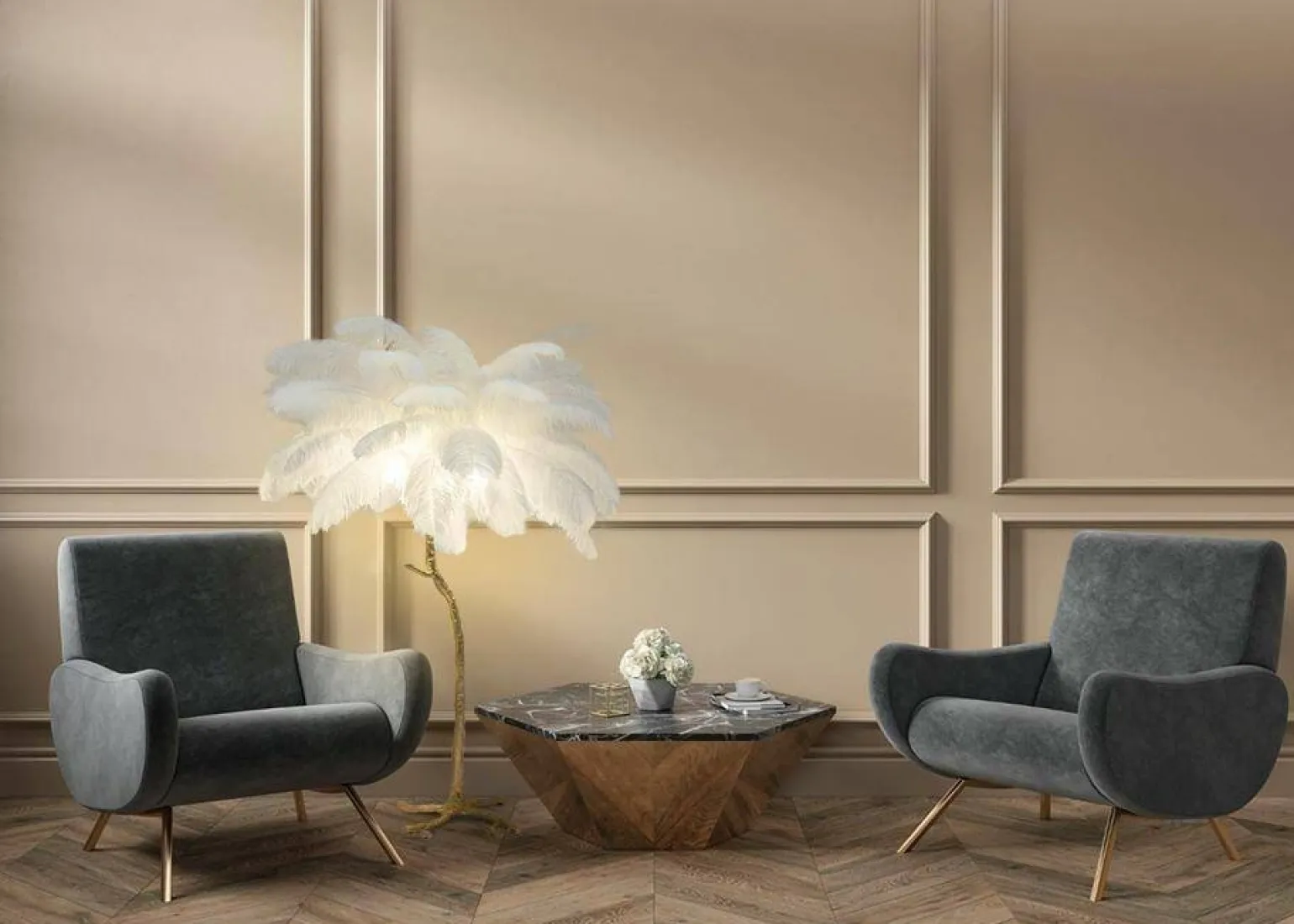 Lampa podłogowa TIFFANY 175 biała mosiądz / naturalne pióra (JL0019.WHITE) - King Home