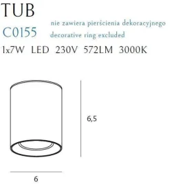 Lampa sufitowa TUB okrągła + pierścień ozdobny biały RC (C0155) - Maxlight