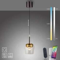 Lampa wisząca na pilota i aplikację, z płynną regulacją wysokości Q-KON ZŁOTY (2741-12) - Paul Neuhaus