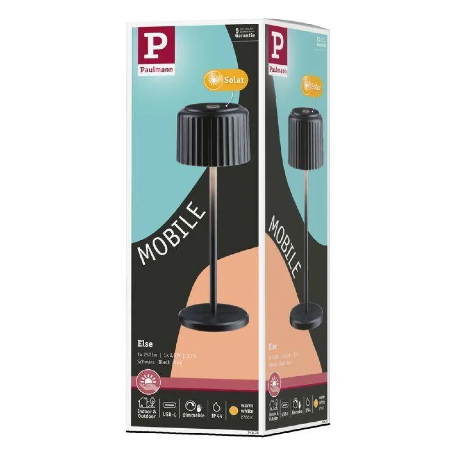 Lampka stołowa solarna ELSE LED DIM USB-C 3,7W 250lm 2700K IP44 czarny / aluminium (PL94878) - PAULMANN