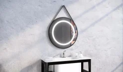 Lustro okrągłe STILO w ramie z oświetleniem LED na skórzanym pasku - MCJ