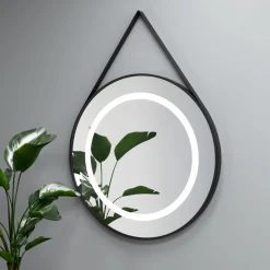 Lustro okrągłe STILO w ramie z oświetleniem LED na skórzanym pasku - MCJ