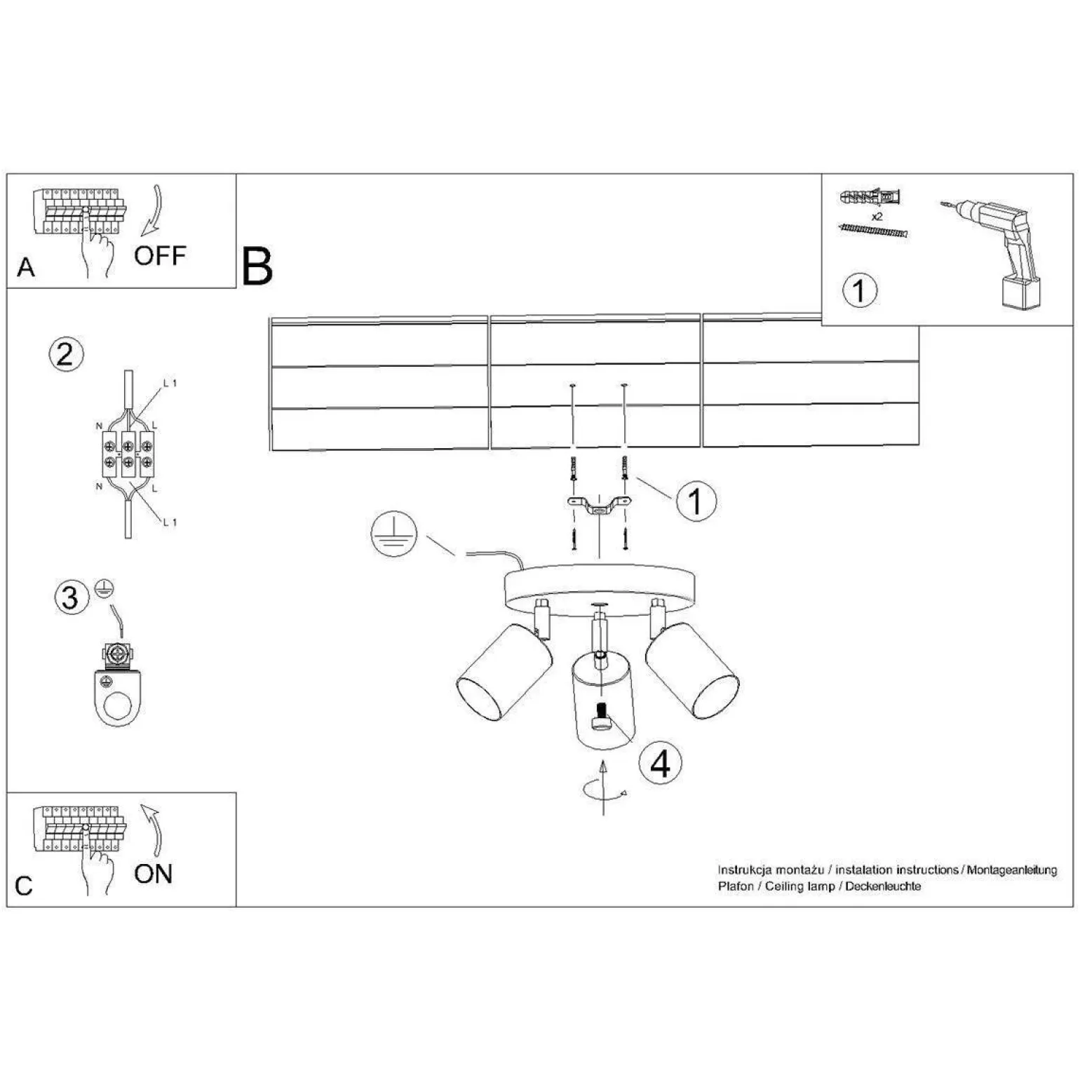Plafon WINX 3P czarny/złoty (SL.1385) - Sollux Lighting