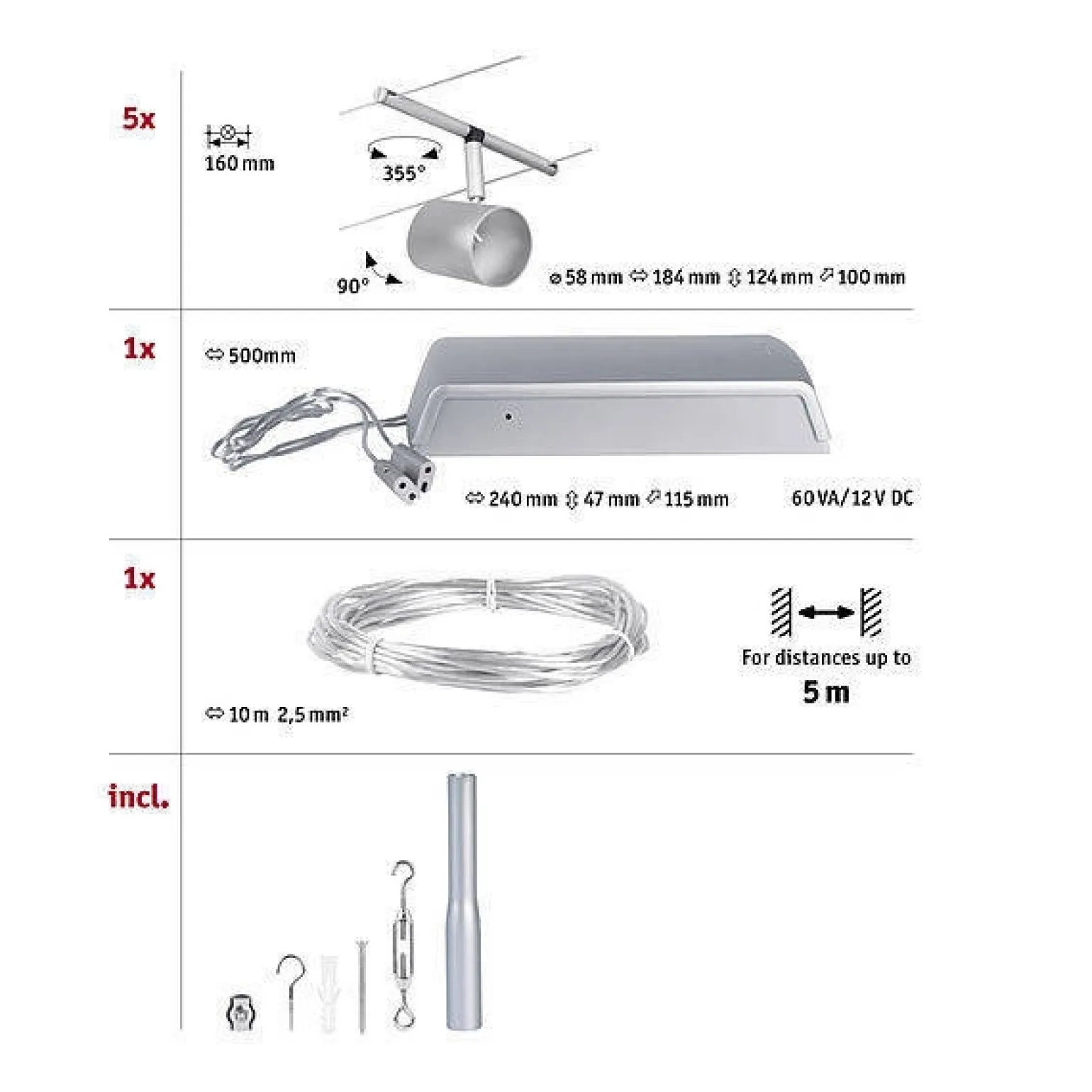 System linkowy DC zest Cup max5x10W Chrom mat/Chrom GU5,3 12V DC 60VA twszt/met (PL94465) - Paulmann