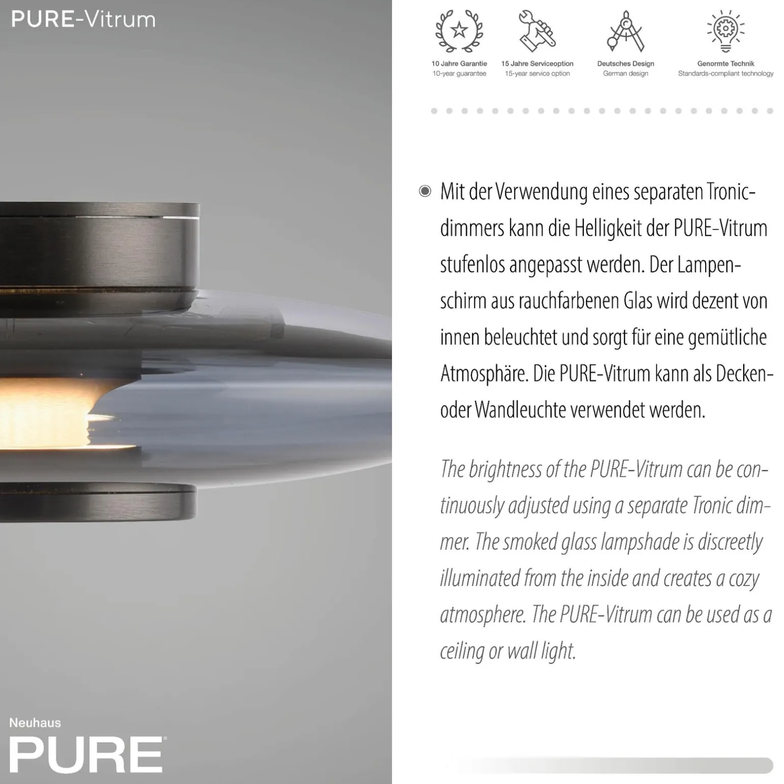 Szklany, ściemnialny kinkiet PURE VITRUM SZARY (6082-15) - Paul Neuhaus