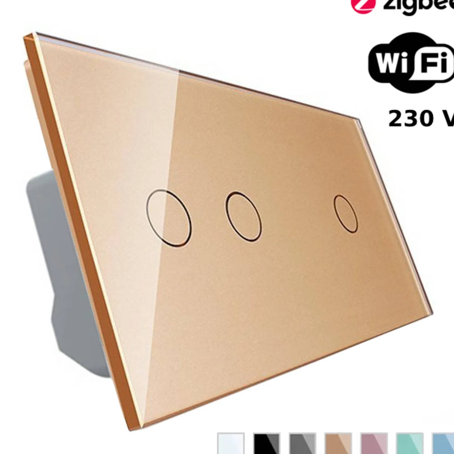 Włącznik dotykowy podwójny + pojedynczy EC Wi-Fi i Podwójny panel szklany w kolorze złotym (VL-C7012EC-63) LIVOLO