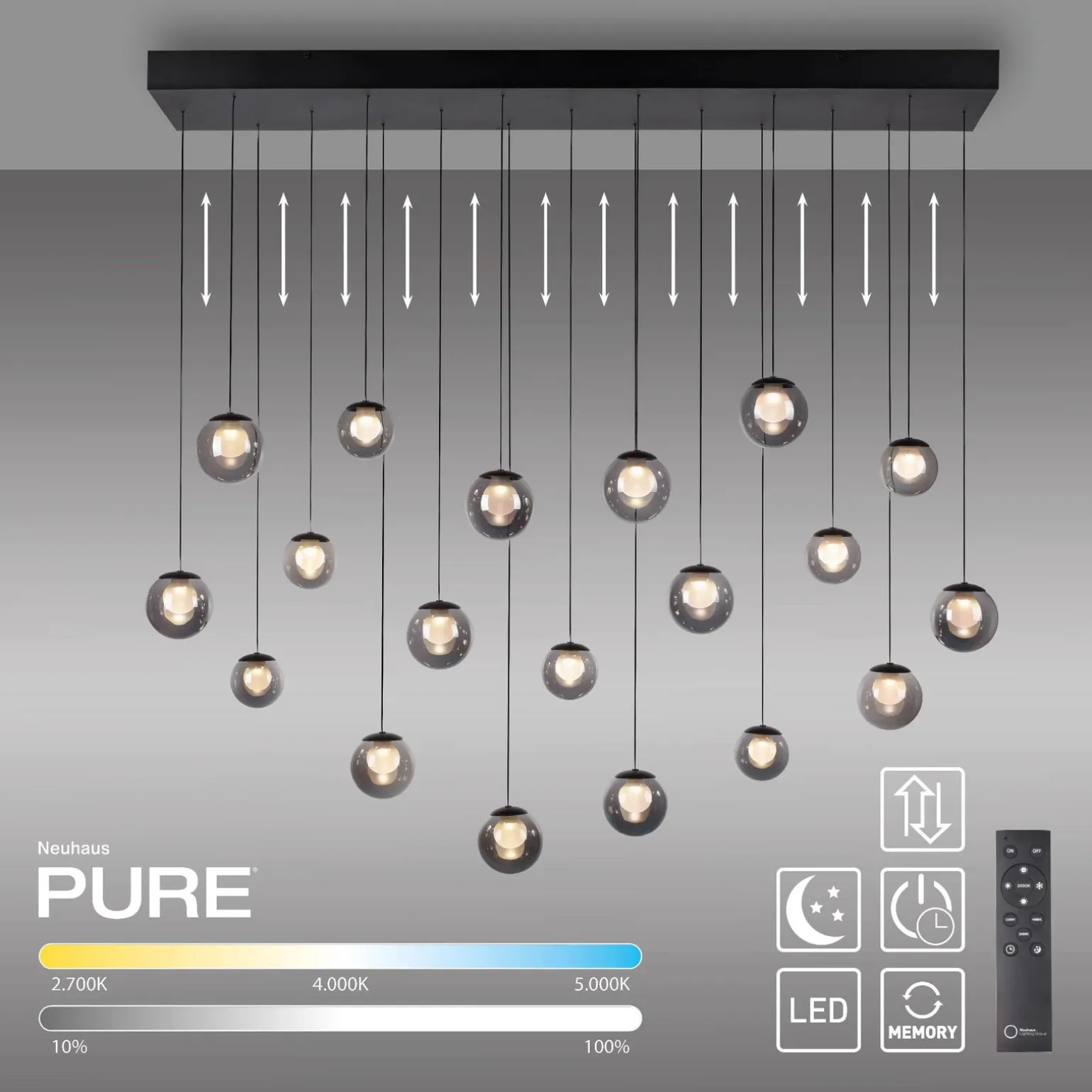 Wisząca lampa na pilota, z regulacją światła i wysokości PURE POPUP SZARA (2589-15) - Paul Neuhaus