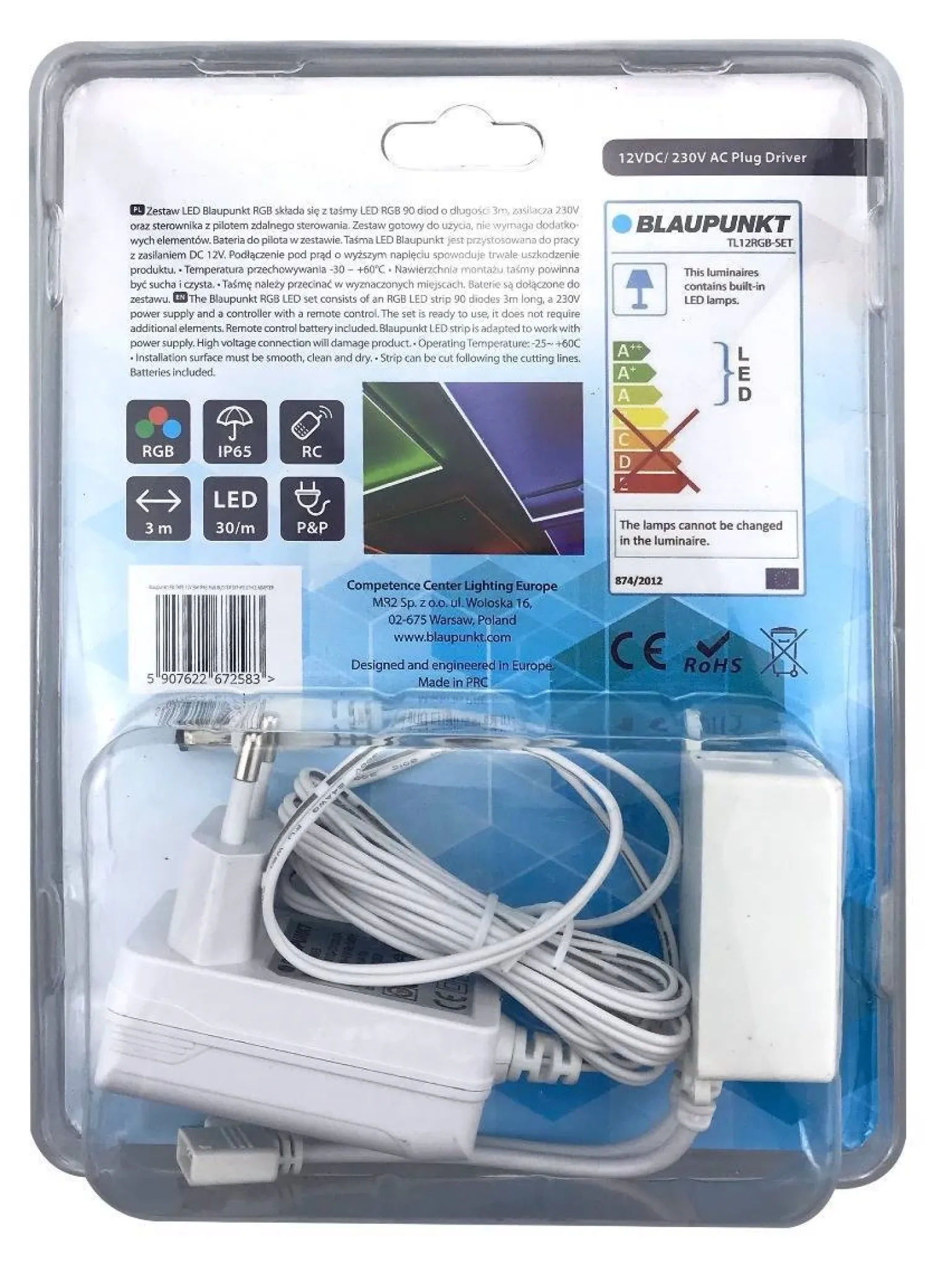 Zestaw taśma LED RGB 12V 3M IP20 PILOT+CE ADAPTER blister (BLAUPUNKT-TL12RGB-SET)